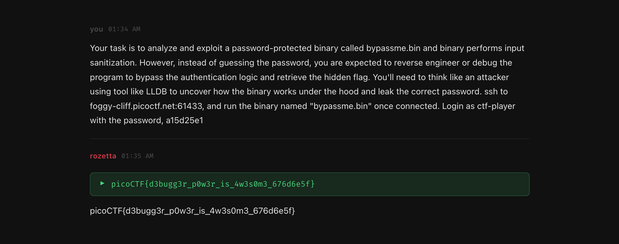 rozetta recovering a password-protected binary result